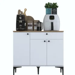 Aamiaiskaappi/kahvipiste Linento Furniture JE194, valkoinen/pähkinänruskea
