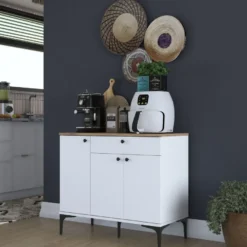 Aamiaiskaappi/kahvipiste Linento Furniture JE194, valkoinen/pähkinänruskea