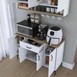Aamiaiskaappi/kahvipiste Linento Furniture JE203, valkoinen/pähkinänruskea