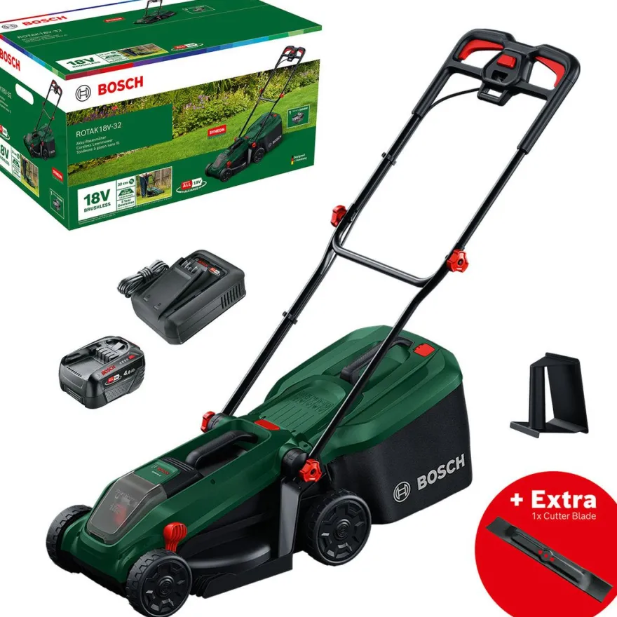 Akkuruohonleikkuri Bosch Rotak 18V-32 Set, 18V, 4.0Ah akulla + varaterä