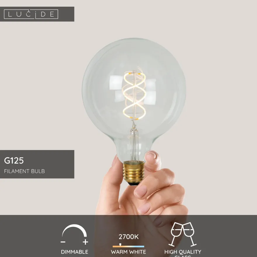 Filamenttilamppu Lucide G125, Ø12.5cm, IP20, 4.9W, kirkas