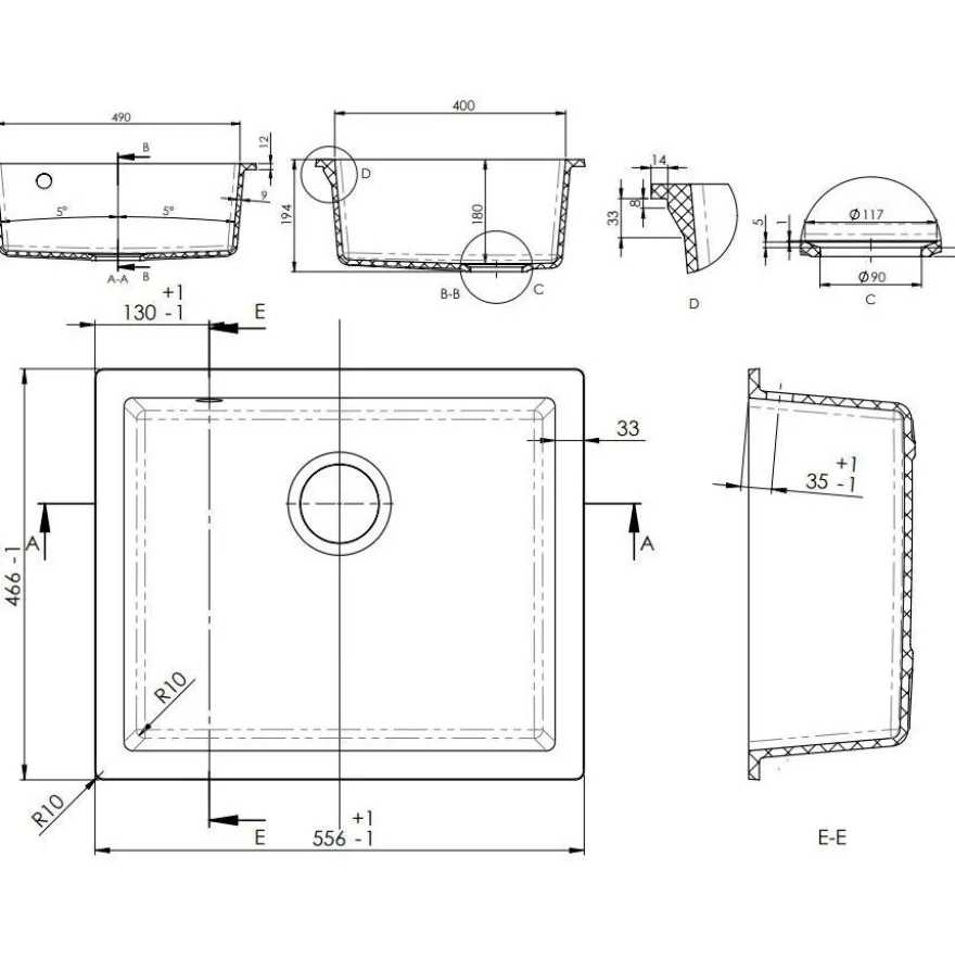 Keittiöallas Lavabo Jupiter 600, 550x460mm, komposiitti, musta, eri pohjaventtiilin värejä