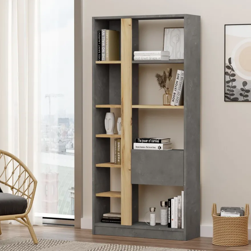 Kirjahylly Linento Furniture LV21, tammi/hopeanharmaa