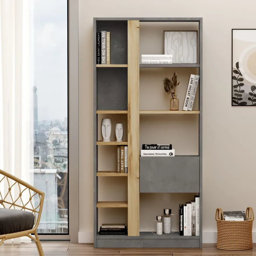 Kirjahylly Linento Furniture LV21, tammi/hopeanharmaa