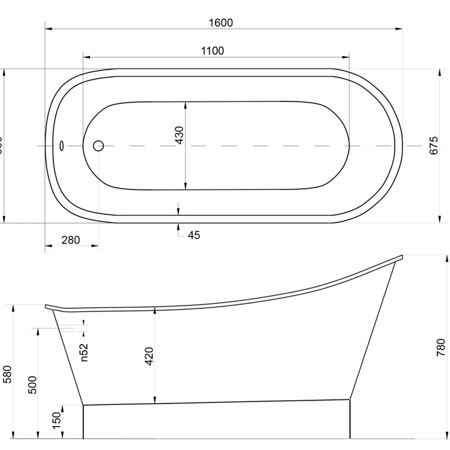 Kylpyamme Interia Glory, 170 l, 1600 x 680 mm