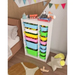 Lastenhuoneen laatikosto Linento Furniture Montana XS, 69x112.2cm, valkoinen runko + moniväriset laatikot