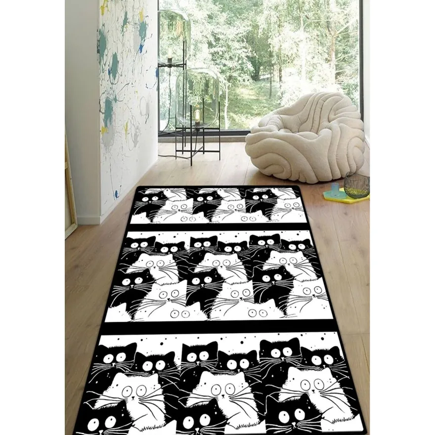 Lastenhuoneen matto Linento White Cats 2, 80x150cm, mustavalkoinen