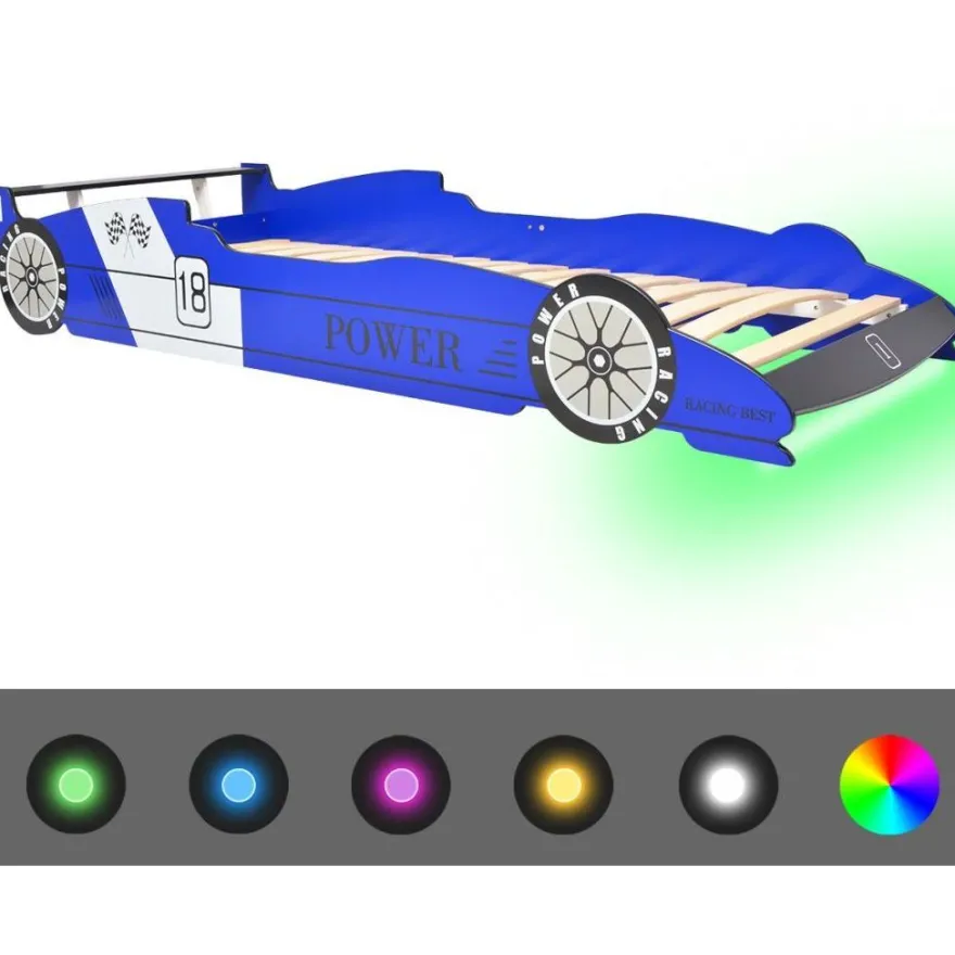 Lastensänky led-valolla kilpa-auto 90x200 cm sininen