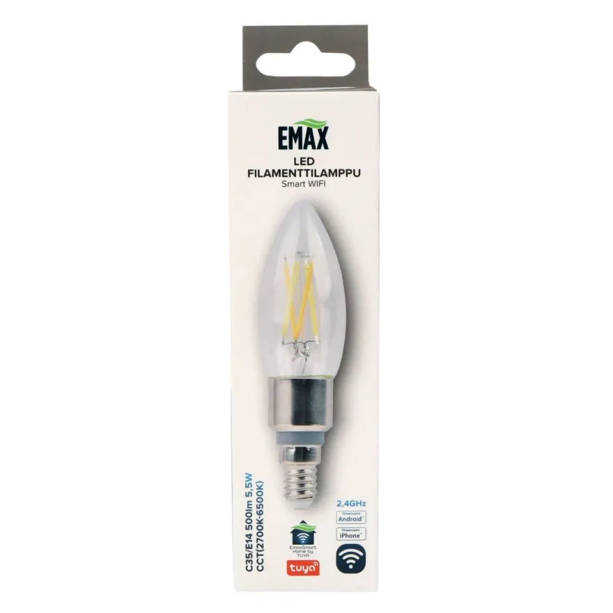 LED-filamenttilamppu Emax Smart Home WIFI, C35/E14, 5.5W, 500lm, CCT 2700-6500K, himmennettävä