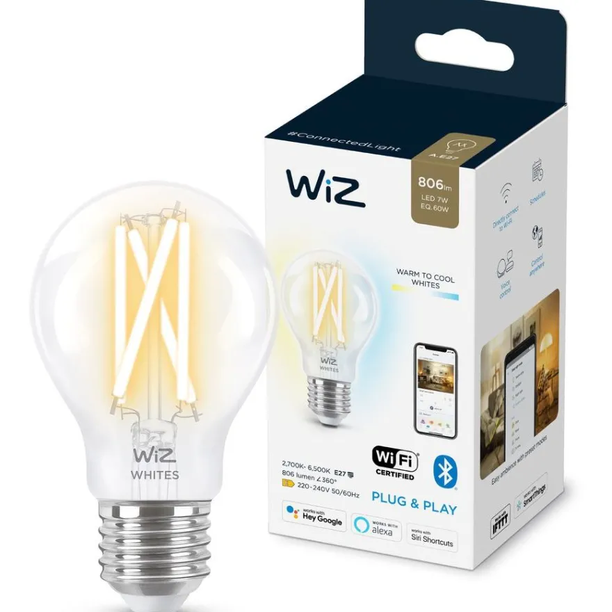 LED-älylamppu Wiz A60 Tunable White, Wi-Fi, 60W, E27, kirkas lasi