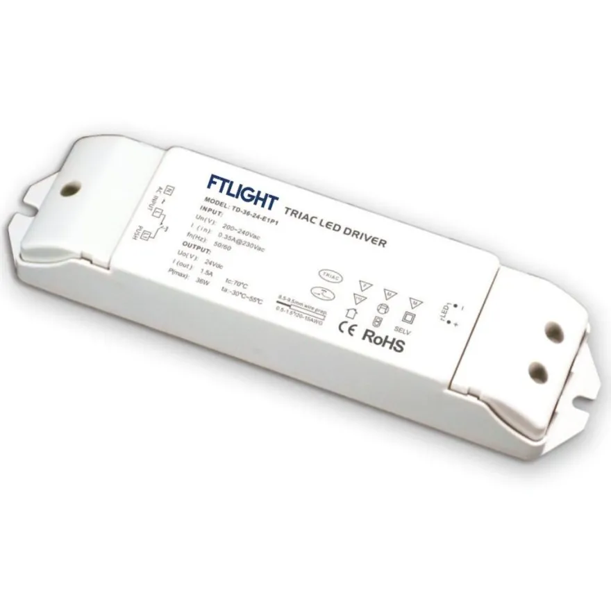 LED-muuntaja FTLIGHT 24V, 36W, IP20, himmennettävä TRIAC/push dimm