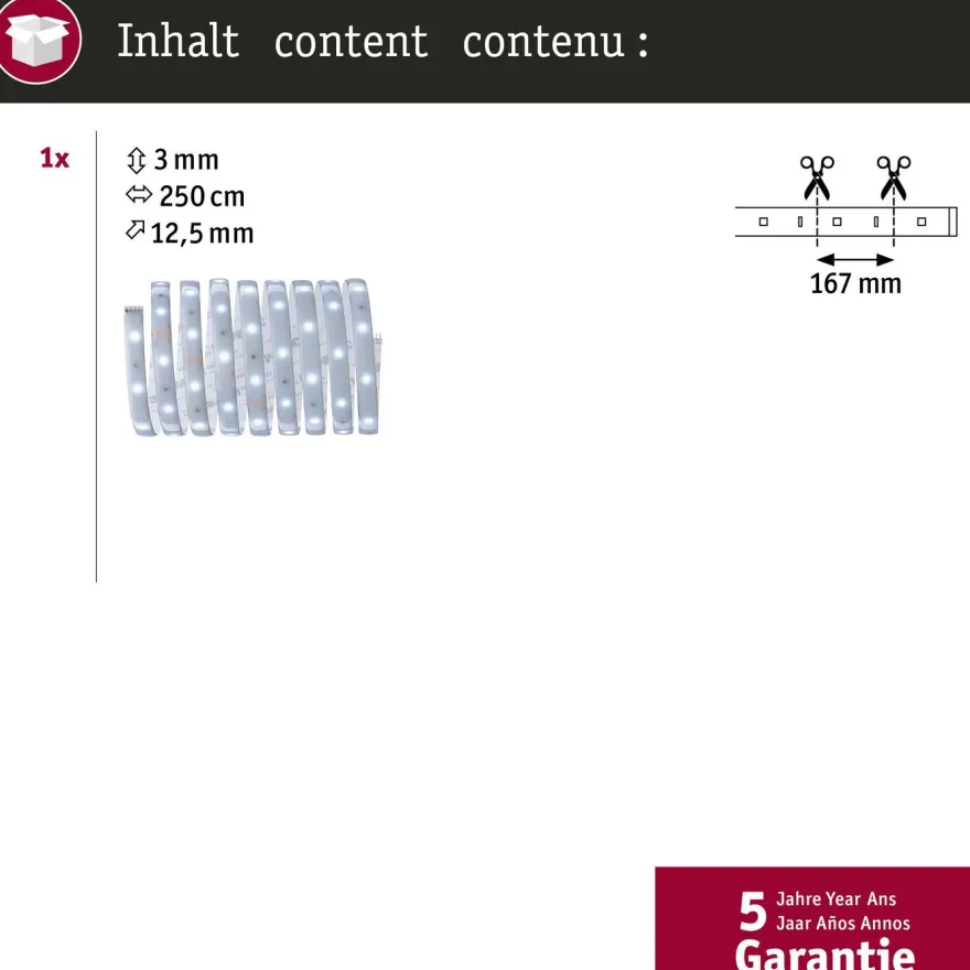 LED-valonauha Paulmann MaxLED 250, IP44, 240lm/m, 6500K, eri kokoja