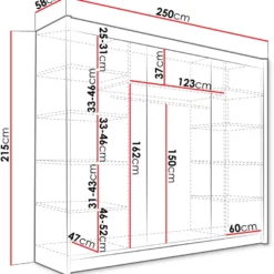 Liukuovivaatekaappi Nomla ASTON / DASTO II, LED-valaistuksella, 250x215cm