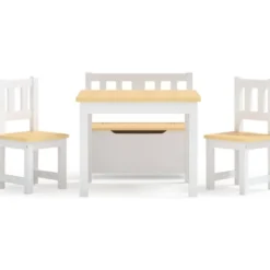 3-osainen lasten pöytä ja tuolisarja säilytyspenkillä, valkoinen ja beige, MDF