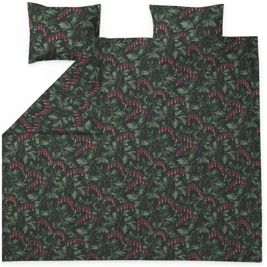 Parivuoteen pussilakanasetti Finlayson Särkynytsydän 240x210cm + 50x60cm GOTS tummanvihreä/punainen