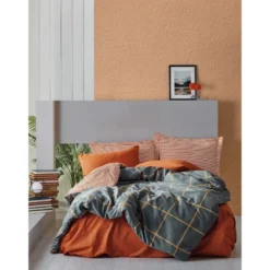 Parivuoteen pussilakanasetti Linento Stark, 260x220cm + 50x80cm, oranssi/tummansininen