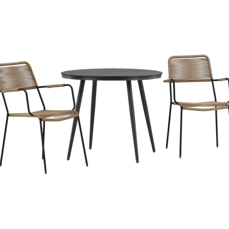 Parvekeryhmä Venture Home, ø90cm Break-pöytä + 2 Lindos-tuolia, käsinojilla