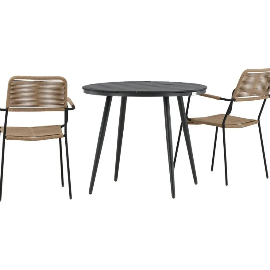 Parvekeryhmä Venture Home, ø90cm Break-pöytä + 2 Lindos-tuolia, käsinojilla