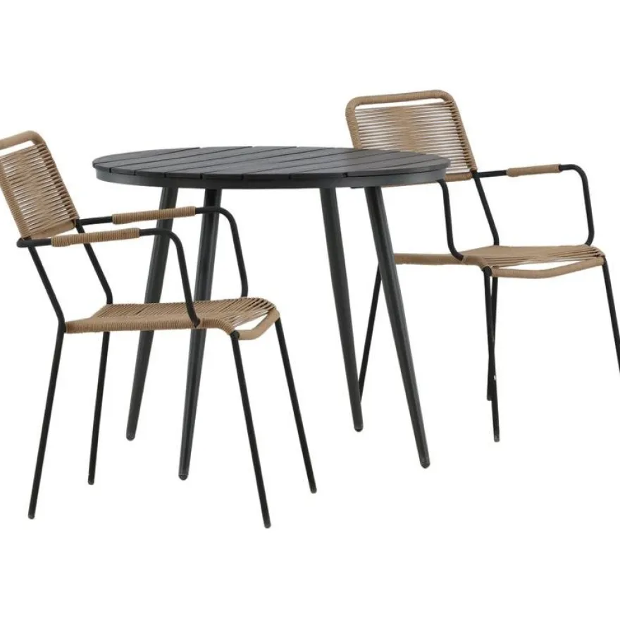 Parvekeryhmä Venture Home, ø90cm Break-pöytä + 2 Lindos-tuolia, käsinojilla