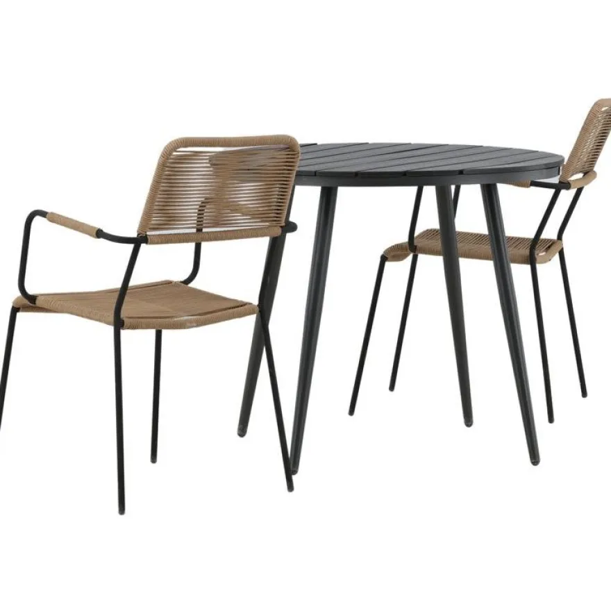 Parvekeryhmä Venture Home, ø90cm Break-pöytä + 2 Lindos-tuolia, käsinojilla
