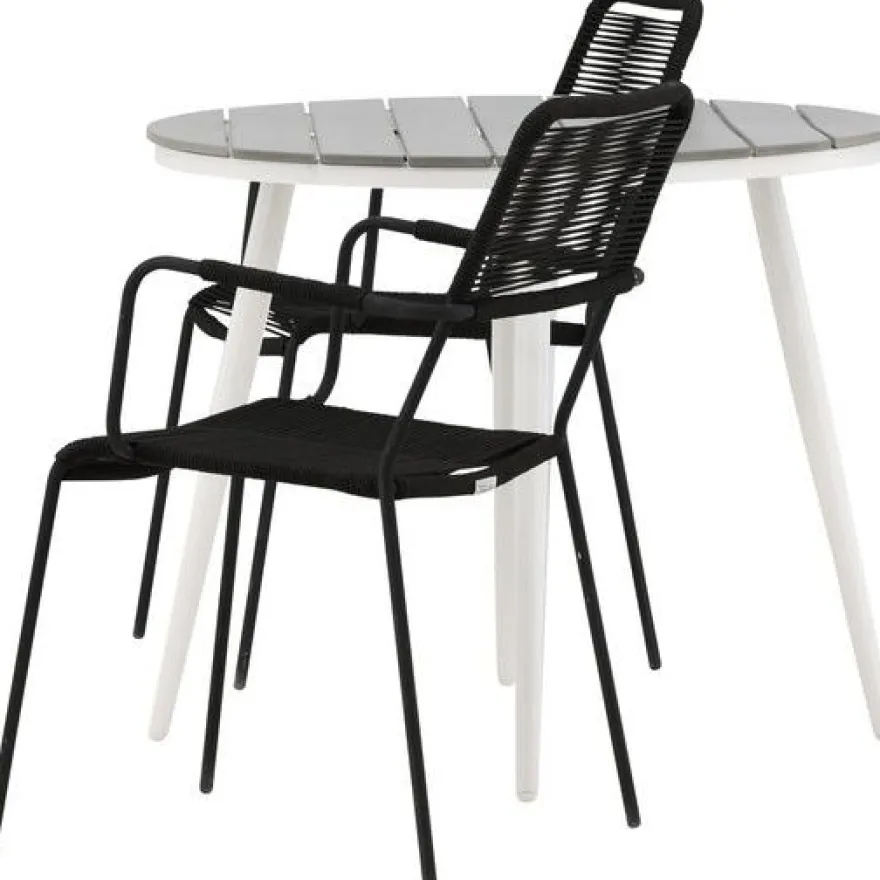 Parvekeryhmä Venture Home, ø90cm Break-pöytä + 2 Lindos-tuolia, käsinojilla