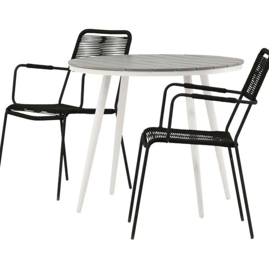 Parvekeryhmä Venture Home, ø90cm Break-pöytä + 2 Lindos-tuolia, käsinojilla