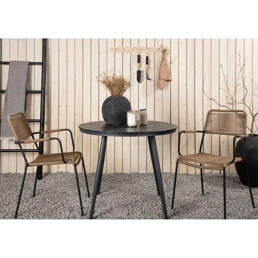 Parvekeryhmä Venture Home, ø90cm Break-pöytä + 2 Lindos-tuolia, käsinojilla