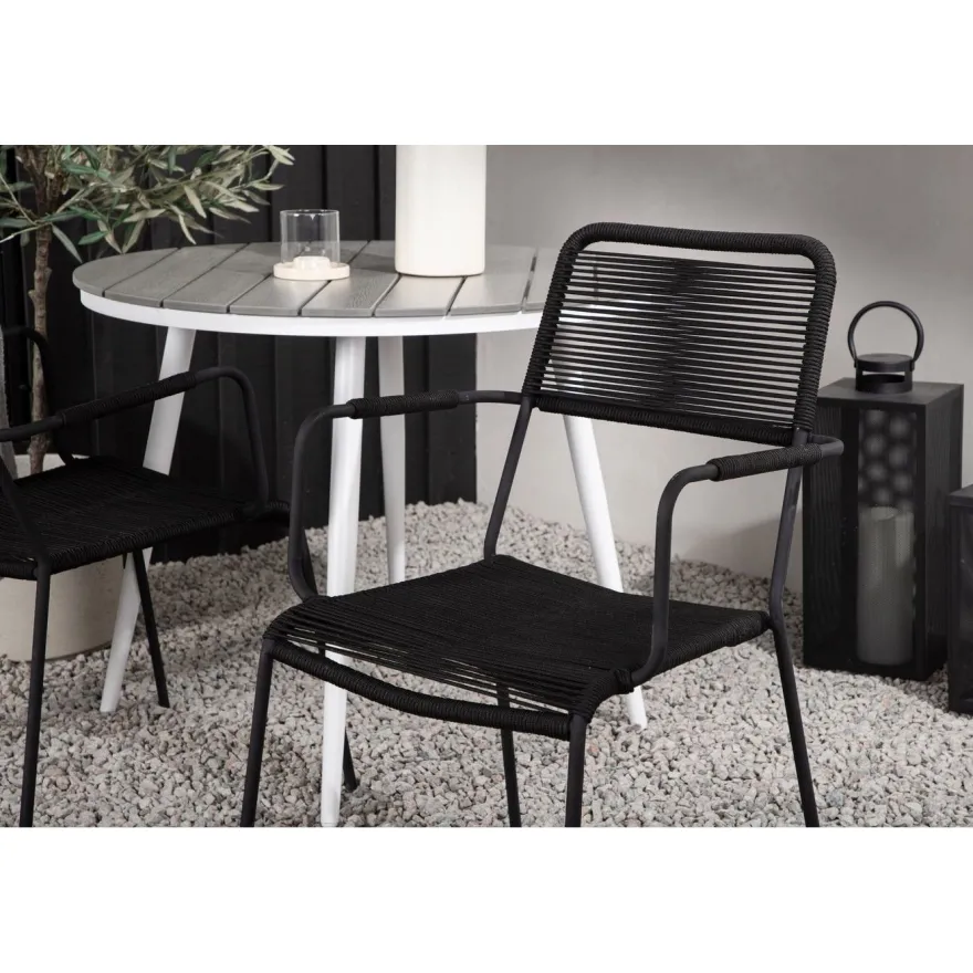 Parvekeryhmä Venture Home, ø90cm Break-pöytä + 2 Lindos-tuolia, käsinojilla