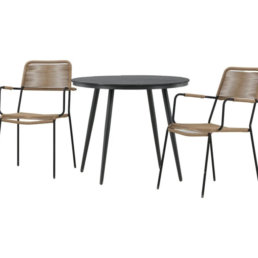 Parvekeryhmä Venture Home, ø90cm Break-pöytä + 2 Lindos-tuolia, käsinojilla