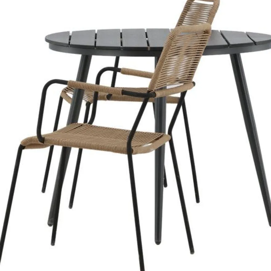 Parvekeryhmä Venture Home, ø90cm Break-pöytä + 2 Lindos-tuolia, käsinojilla