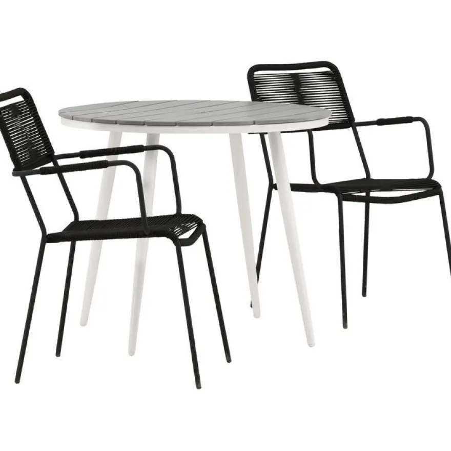 Parvekeryhmä Venture Home, ø90cm Break-pöytä + 2 Lindos-tuolia, käsinojilla
