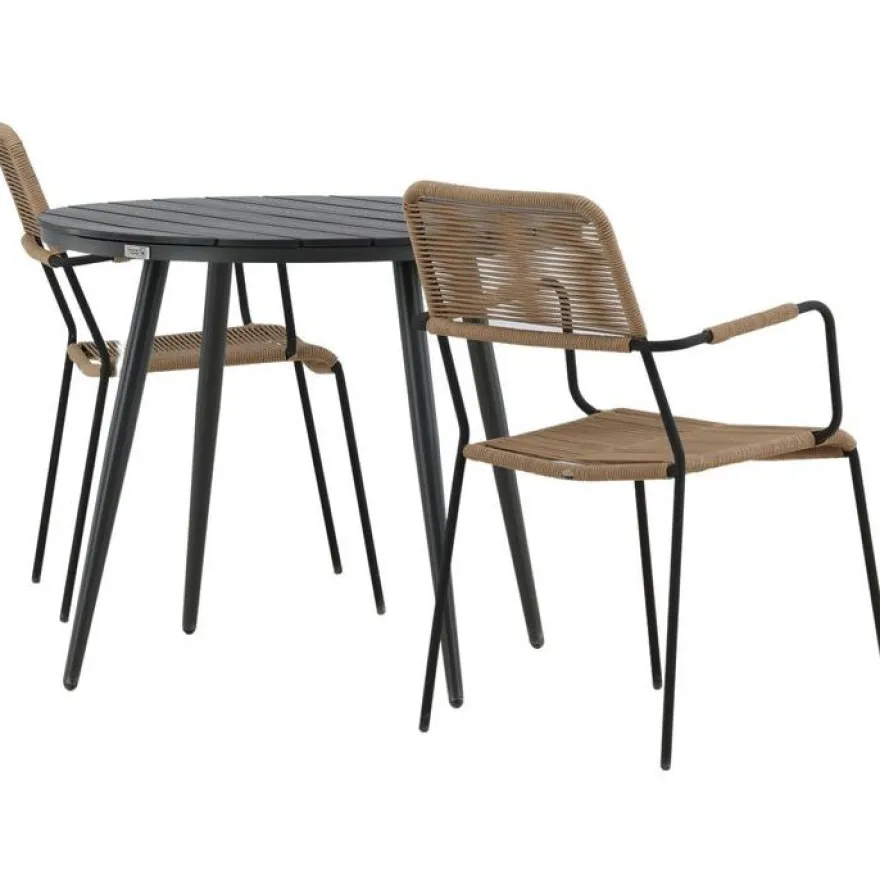 Parvekeryhmä Venture Home, ø90cm Break-pöytä + 2 Lindos-tuolia, käsinojilla