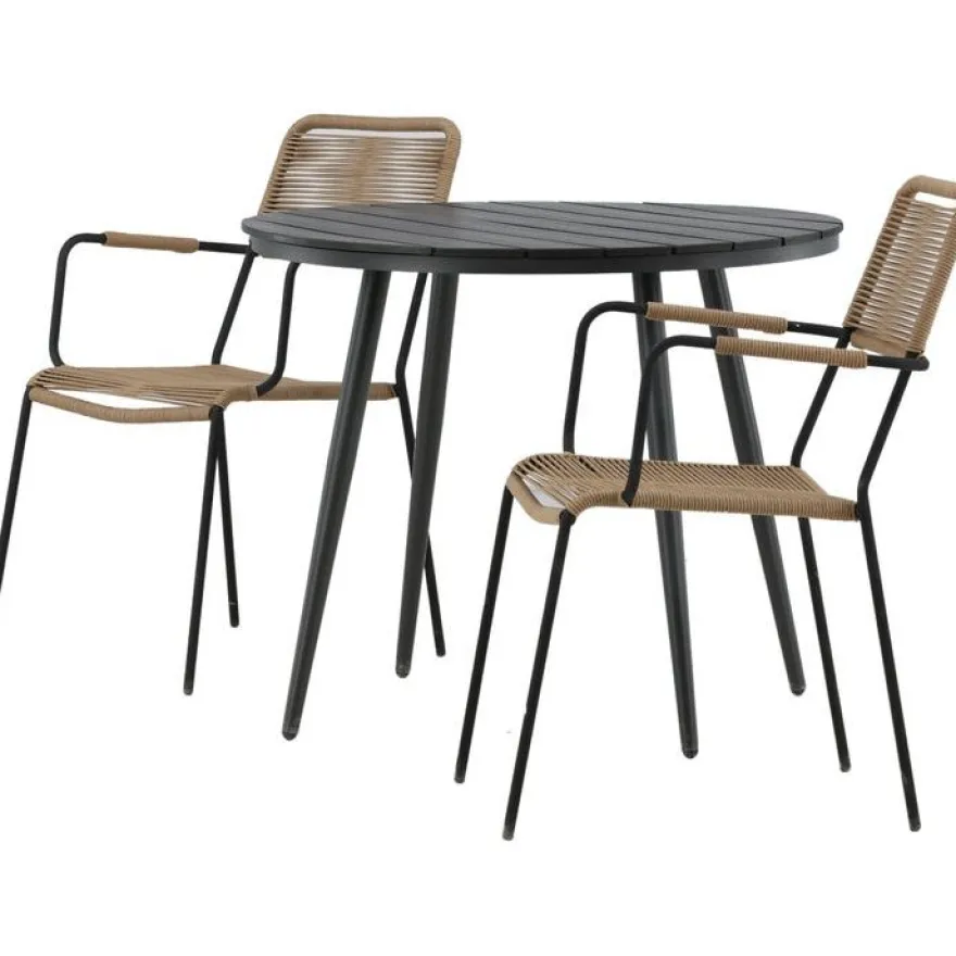 Parvekeryhmä Venture Home, ø90cm Break-pöytä + 2 Lindos-tuolia, käsinojilla