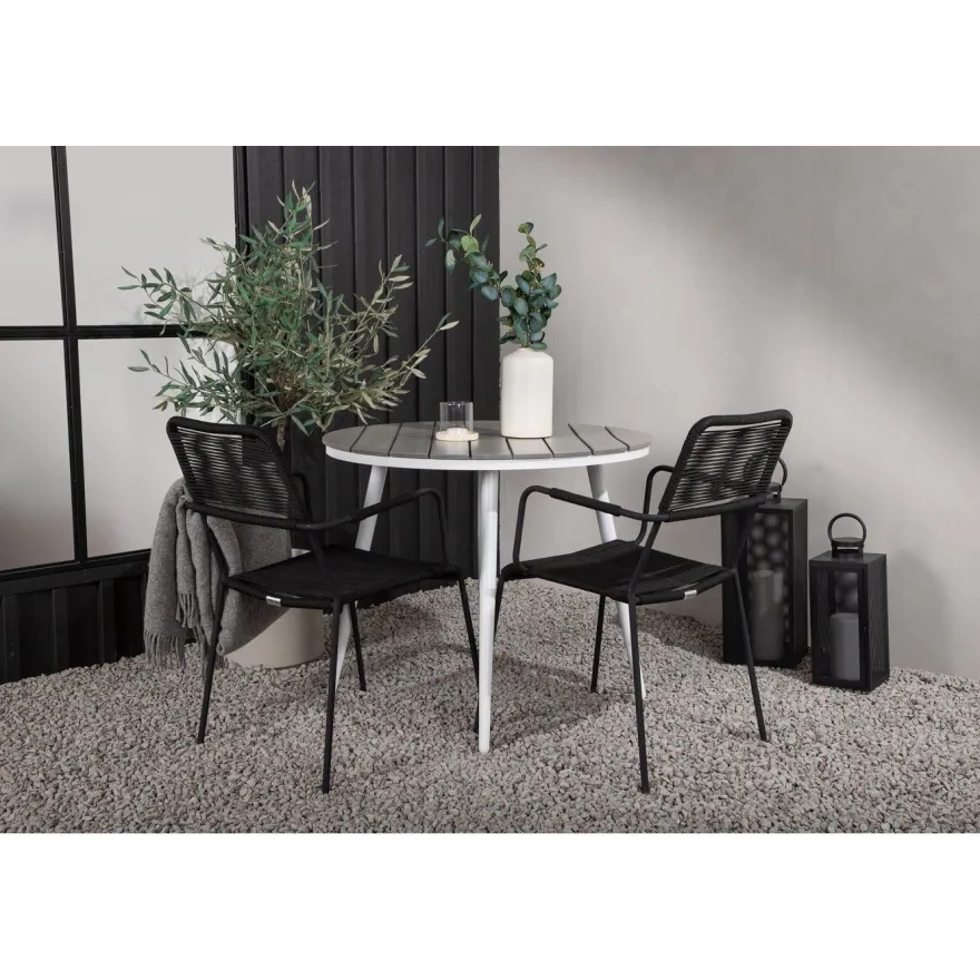 Parvekeryhmä Venture Home, ø90cm Break-pöytä + 2 Lindos-tuolia, käsinojilla