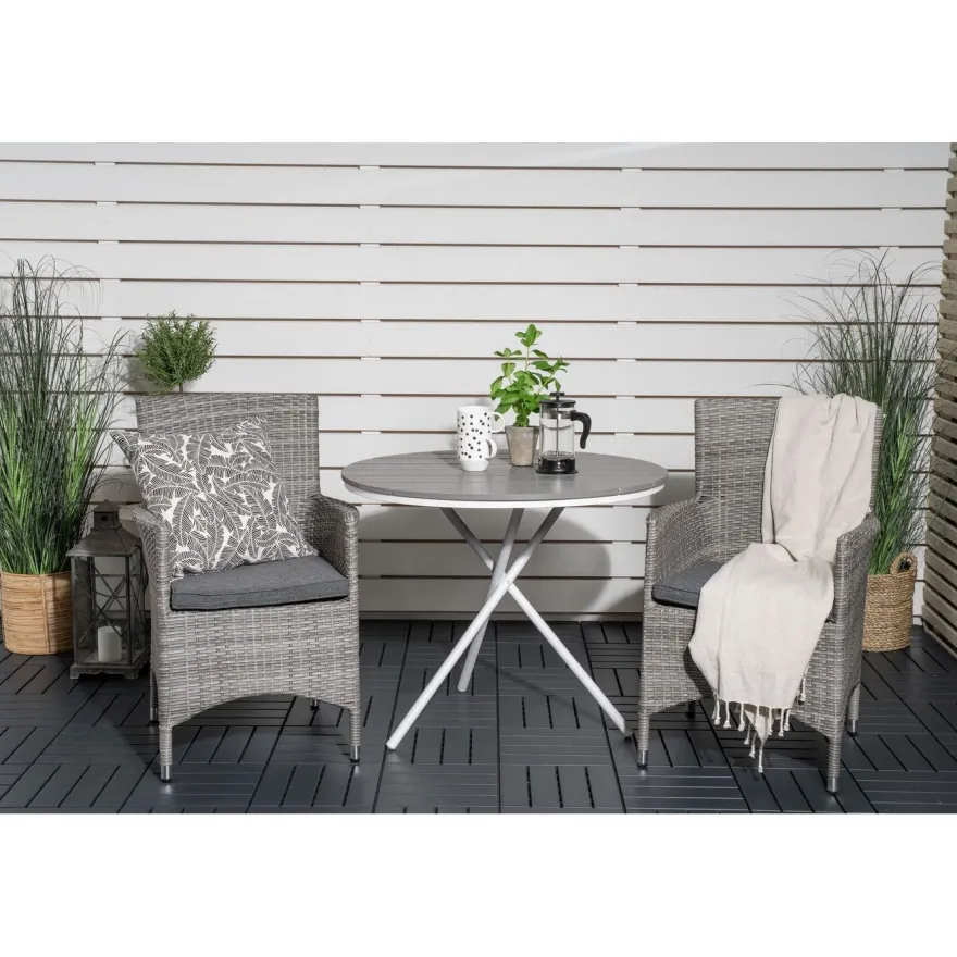 Parvekeryhmä Venture Home, ø90cm harmaa-valkoinen Parma-pöytä + 2 harmaata Malin-tuolia