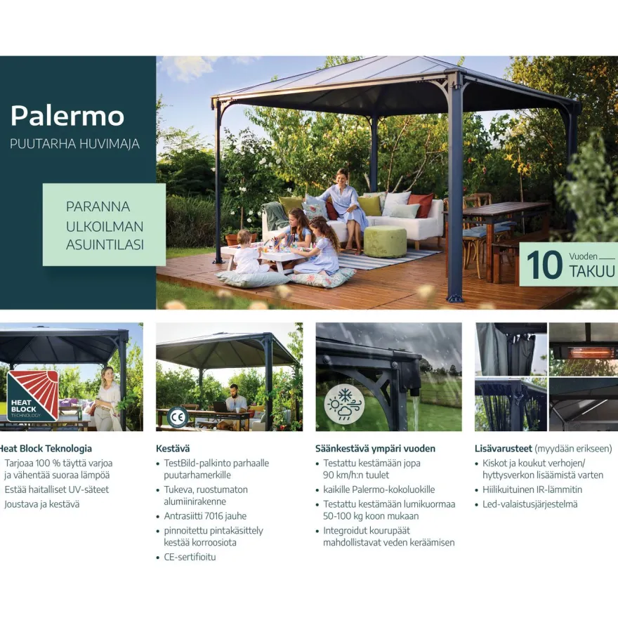 Paviljonki Palram-Canopia Palermo 3600, 3.6x3.6m, 13m², harmaa