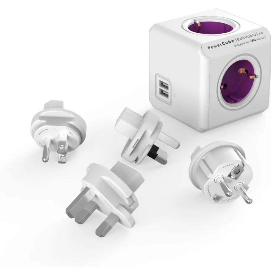 Pistorasia Allocacoc PowerCube Rewirable, 4-osainen + 2 x USB, lila/valkoinen