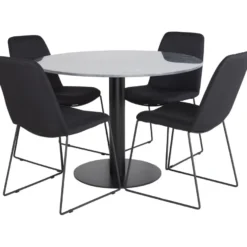Pyöreä ruokailuryhmä Venture Home, Ø106cm tummanharmaa Estelle-pöytä + 4 mustaa Muce-tuolia