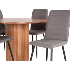 Pyöreä ruokailuryhmä Venture Home, Ø110cm pähkinänruskea Bianca-pöytä + 4 harmaata Windu-tuolia