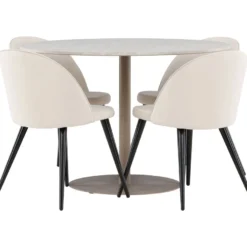 Pyöreä ruokailuryhmä Venture Home, Ø110cm beige Lycke-pöytä + 4 beigeä Velvet-tuolia, sametti