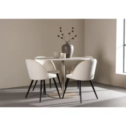 Pyöreä ruokailuryhmä Venture Home, Ø110cm beige Lycke-pöytä + 4 beigeä Velvet-tuolia, sametti