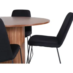 Pyöreä ruokailuryhmä Venture Home, Ø110cm pähkinänruskea Bianca-pöytä + 4 mustaa Muce-tuolia
