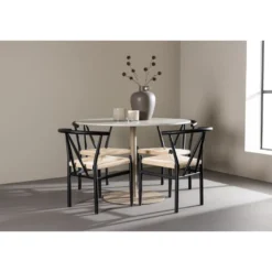 Pyöreä ruokailuryhmä Venture Home, Ø110cm beige Lycke-pöytä + 4 mustaa Alfons-tuolia