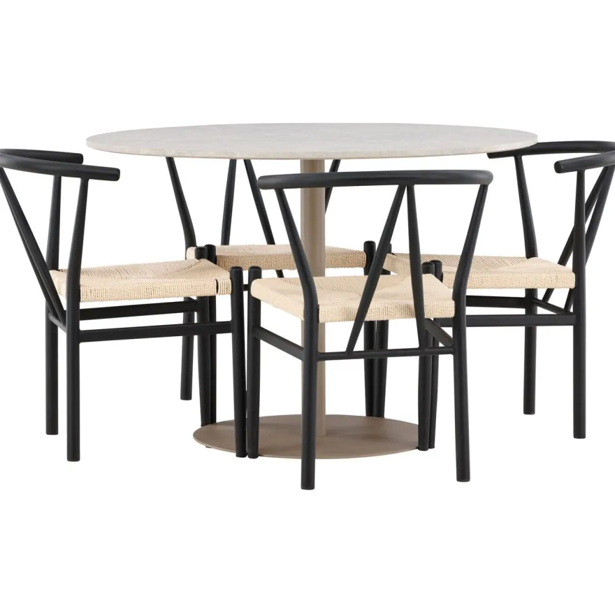 Pyöreä ruokailuryhmä Venture Home, Ø110cm beige Lycke-pöytä + 4 mustaa Alfons-tuolia