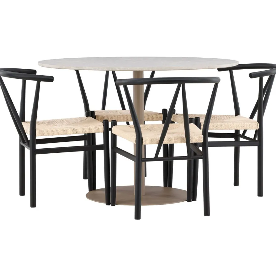 Pyöreä ruokailuryhmä Venture Home, Ø110cm beige Lycke-pöytä + 4 mustaa Alfons-tuolia