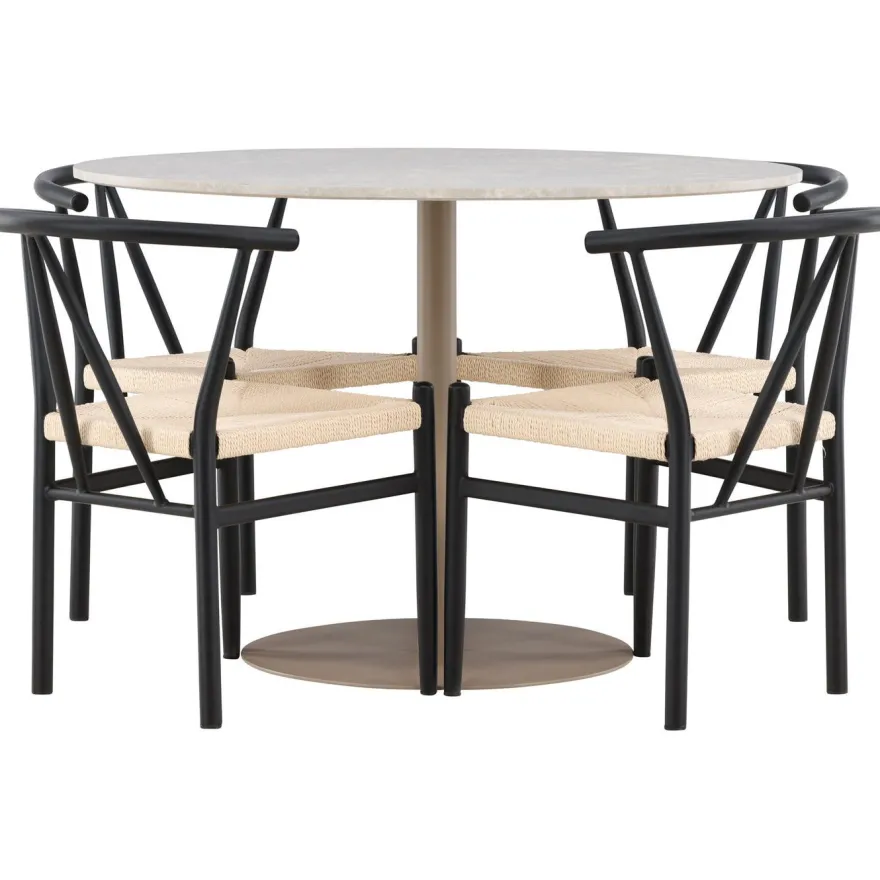 Pyöreä ruokailuryhmä Venture Home, Ø110cm beige Lycke-pöytä + 4 mustaa Alfons-tuolia