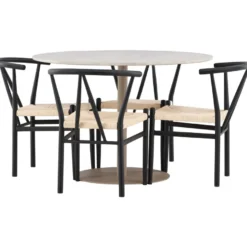 Pyöreä ruokailuryhmä Venture Home, Ø110cm beige Lycke-pöytä + 4 mustaa Alfons-tuolia
