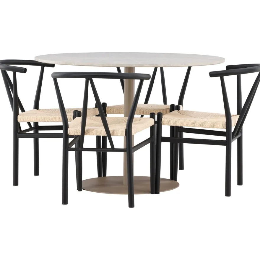 Pyöreä ruokailuryhmä Venture Home, Ø110cm beige Lycke-pöytä + 4 mustaa Alfons-tuolia