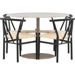 Pyöreä ruokailuryhmä Venture Home, Ø110cm beige Lycke-pöytä + 4 mustaa Alfons-tuolia