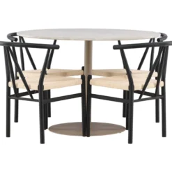 Pyöreä ruokailuryhmä Venture Home, Ø110cm beige Lycke-pöytä + 4 mustaa Alfons-tuolia